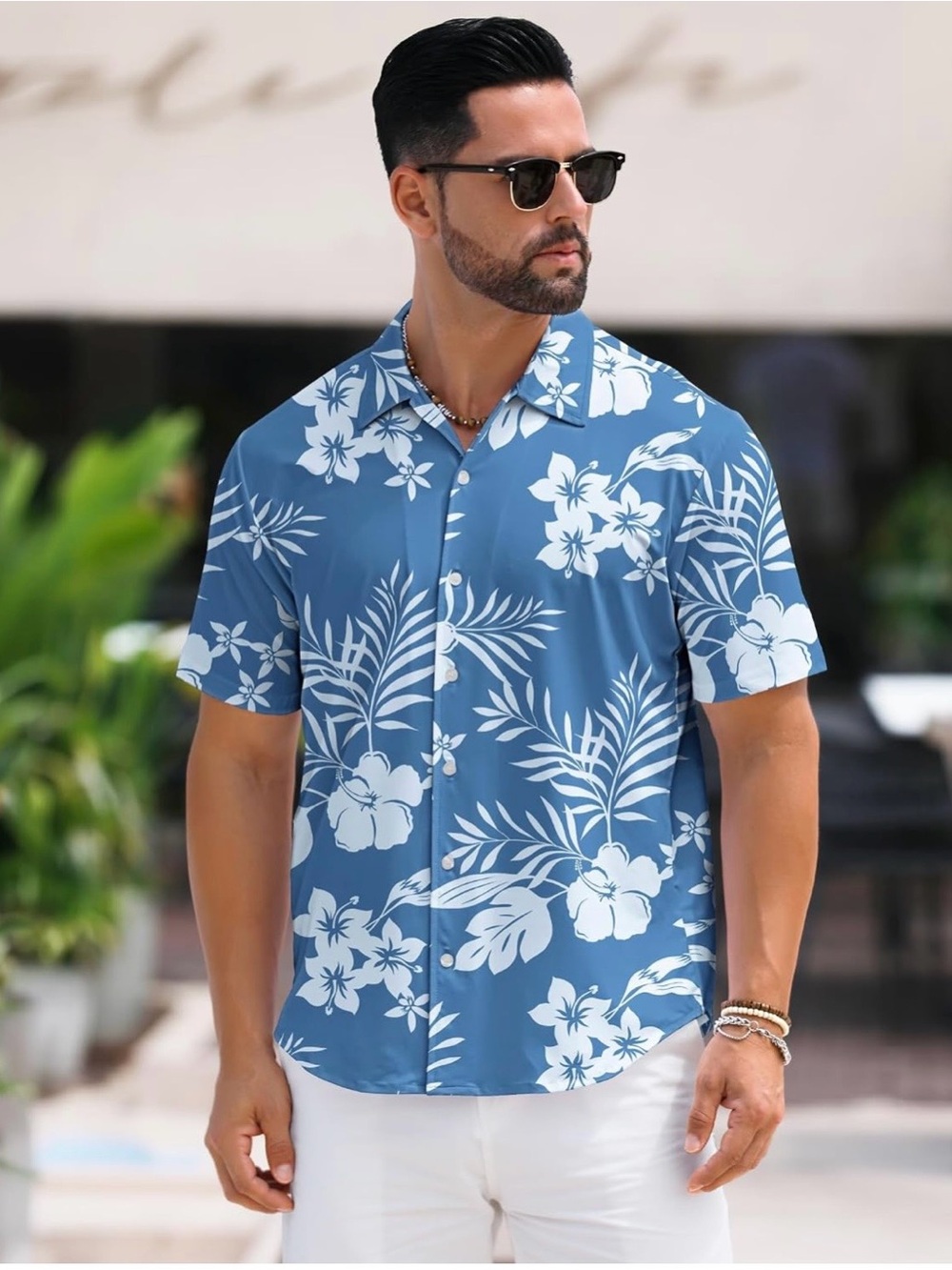 BoJin Blue Hawaiian Floral Wrinkle Free Short-Sleeve Men's Fashion Shirt Size L